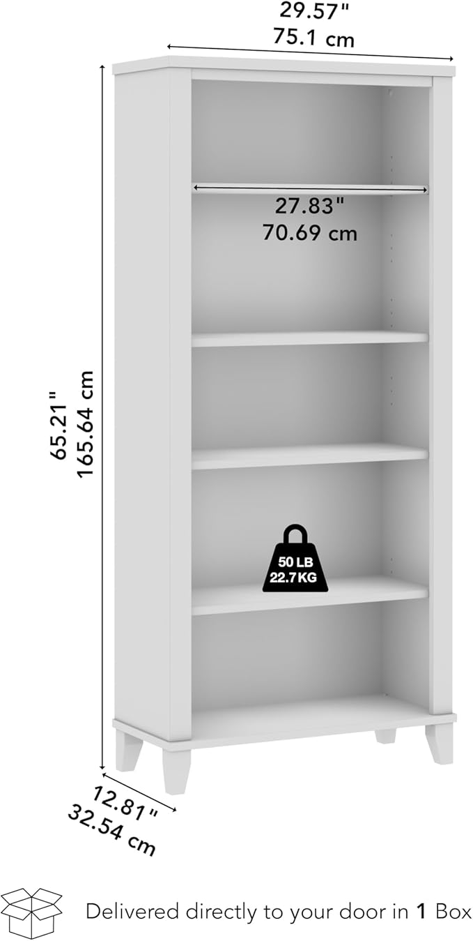 Bush Home Somerset 5 Shelf Bookcase in Maple Cross, Tall Bookshelf, Large Book Shelf for Living Room, Home Office, or Entryway
