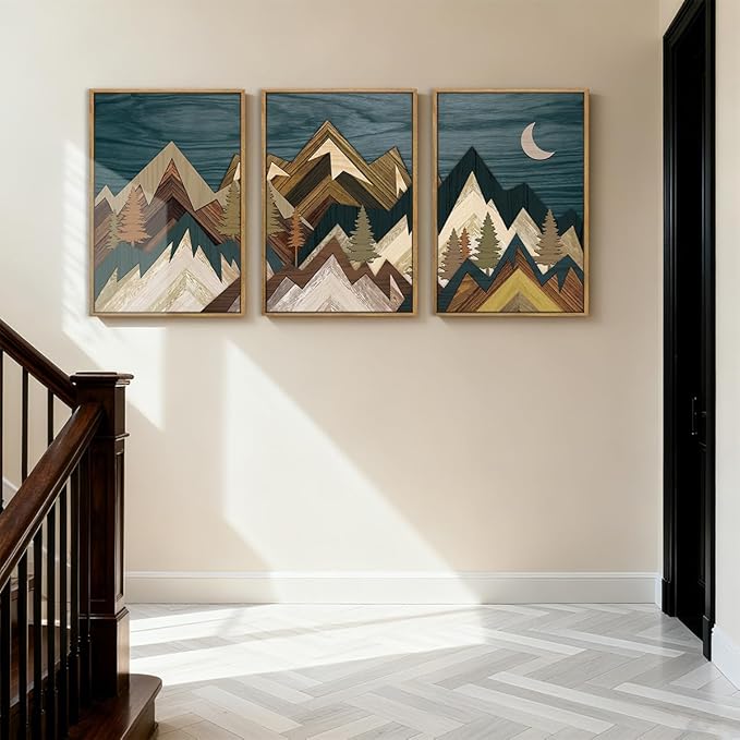 BINCUE Framed Mountain Wall Art,Neutral Landscape Canvas Wall Art,Blue Boho Mountain Artwork Woodcut,Modern Forest Moon Nature Painting for Home Bedroom Living Room Office 16x24 Inches Set of 3