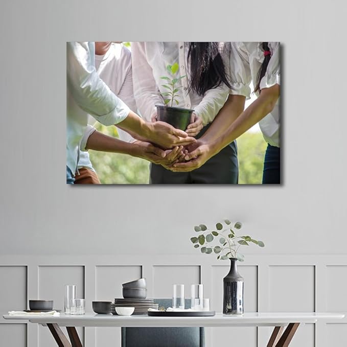 Large Wall Art A Group Of People Holding Potted Plants In The Park Teamwork Concept Pictures Modern Decor Poster Canvas Art Wall Decor for Office Framed 1 Panel (24" Wx36 H)