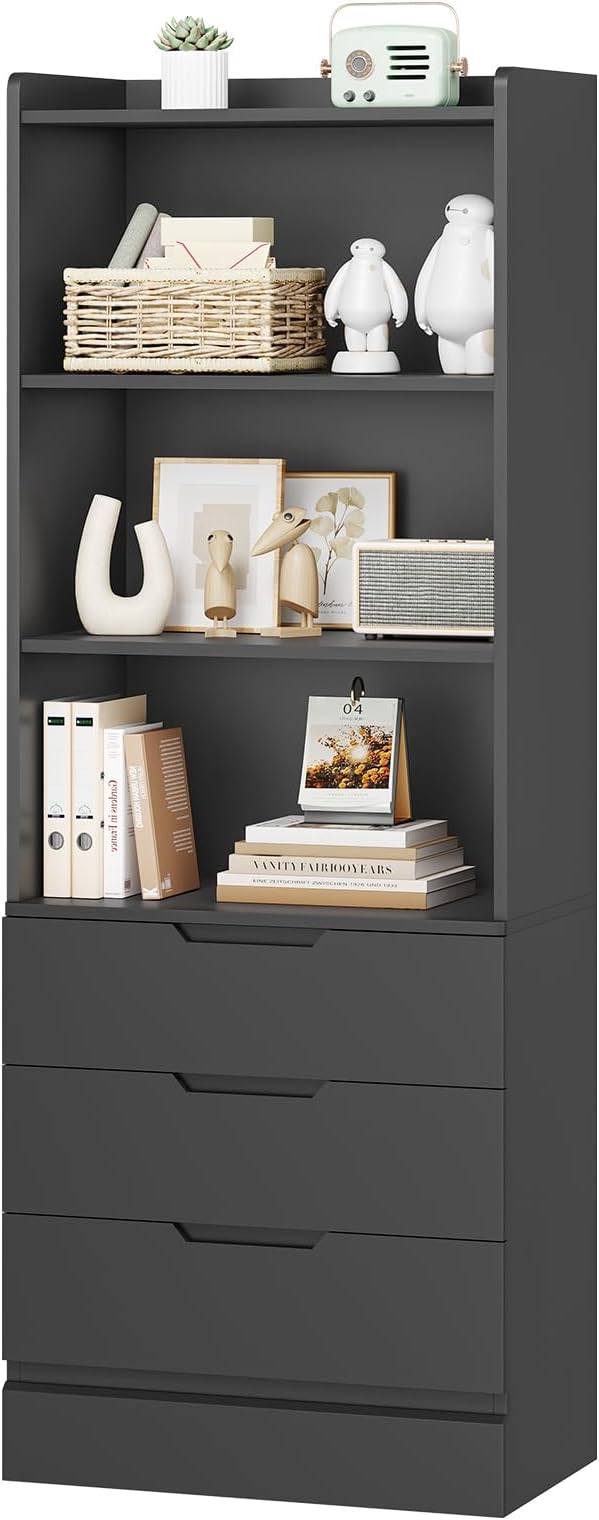 DICTAC Bookcase with 3 Drawers and Shelves 73.23'' Tall Bookshelf with Storage Modern Wood Closet Drawers System,Closet Organizer Unit Freestanding Tall Storage Cabinet for Home Office,Bedroom,Black