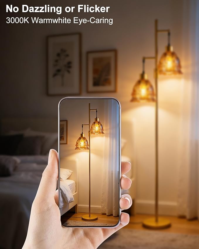 Lightdot 65IN Glass Floor Lamp for Living Room, 2- Light Gold Flower Floor Lamps with Brown Glass Lampshade, 3000K Warm White Modern Standing Tall Lamp for Bedroom Corner