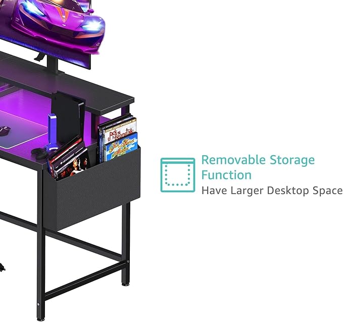 Lufeiya L Shaped Gaming Desk with Led Lights and Power Outlets, 48 Inch Corner Home Office Desk with Monitor Stand Shelves, Writing Study Computer Desks with Fabric Drawers for Bedroom, Black