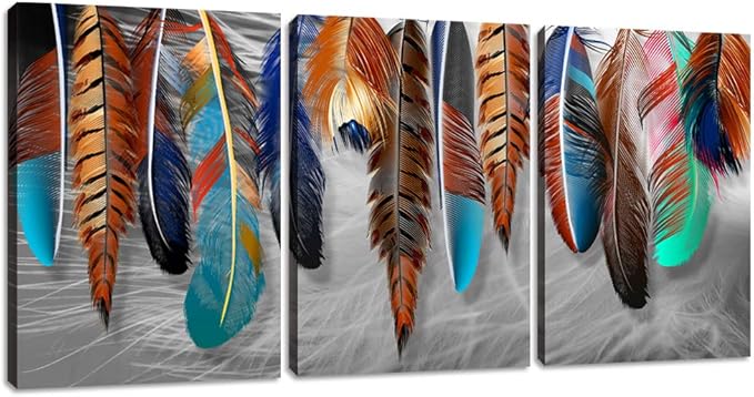 Yetaryy 3 Panels Canvas Wall Art Modern Wall Decor Landscape Color Feather Cool Painting Picture Print Poster Artwork Wall Decoration Home Decor for Living Room Dining Room Bedroom - 72" Wx36 H