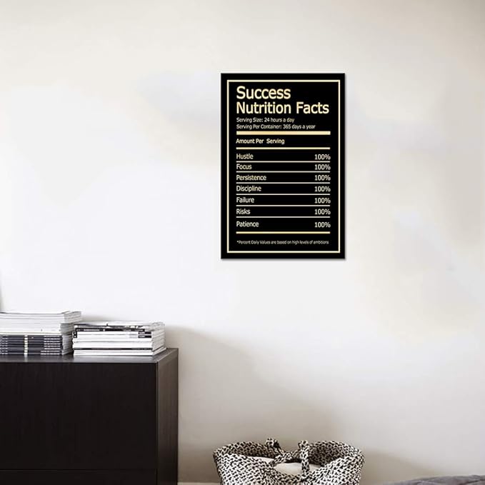 Modern Inspirational Picture Wall Art Black Success Nutrition Facts Motivational Quote Painting Prints on Canvas Artwork Stretched by Wooden Frame Easy to Hang for Home Office Decor - 12''W x 16''H