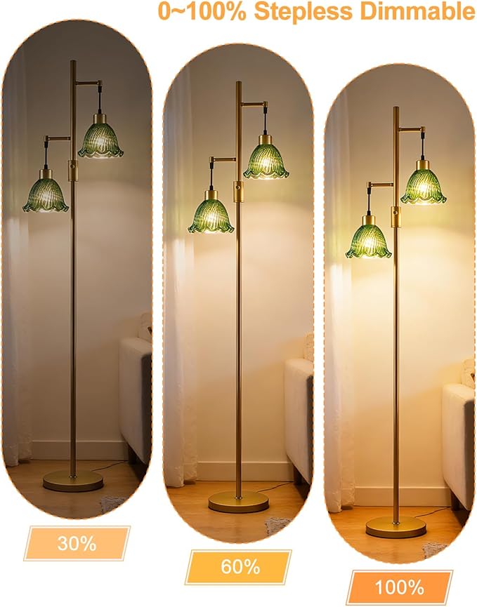 Lightdot 2- Light Gold Flower Floor Lamp for Living Room, 65IN Dimmable Floor Lamps with Green Glass Shade& 3000K Warm White Bulbs, Modern Standing Tall Lamp for Bedroom Office Sofa Beside Home Decor