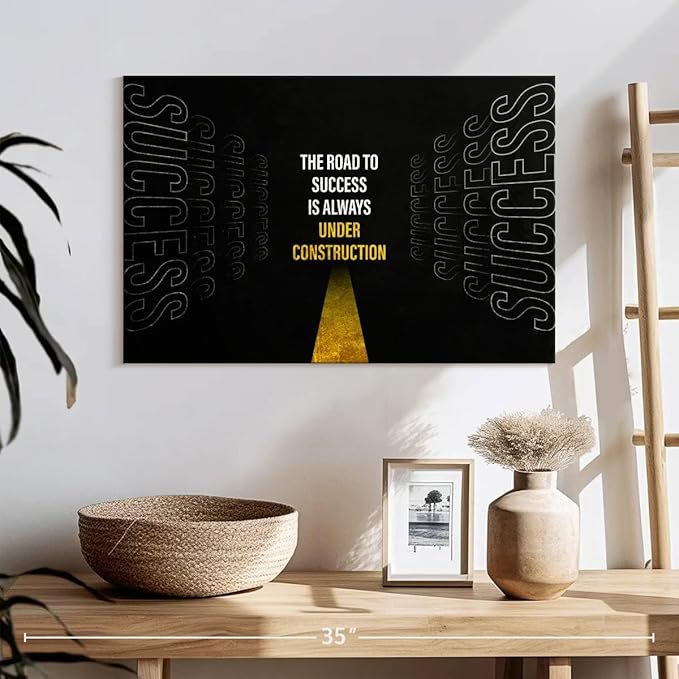 ElephantStock - Work On Your Road To Success Wall Art - Horizontal Canvas Wall Art - Home Office Wall Decor - Digital Art Inspirational And Typography Canvas Art - Black And White Decor - 24" x 16"