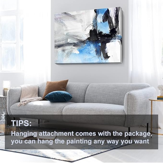 Large Abstract Canvas Wall Art Modern Aquarelle Art Paintings Black and Blue Fantasy Colorful Graffiti on White Background Minimalist Artwork Decor for Living Room Bedroom Corridor Framed 48x32in
