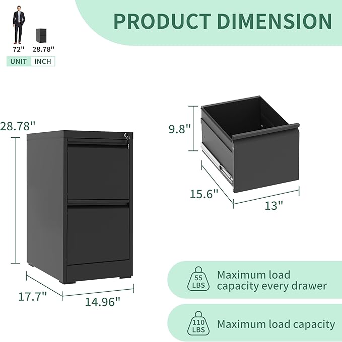 2 Drawer File Cabinet, Vertical File Cabinets with Lock for Home Office,Heavy Duty Office Steel Filing Cabinet for Hanging Letters/Legal/A4, Assembly Required (Black)
