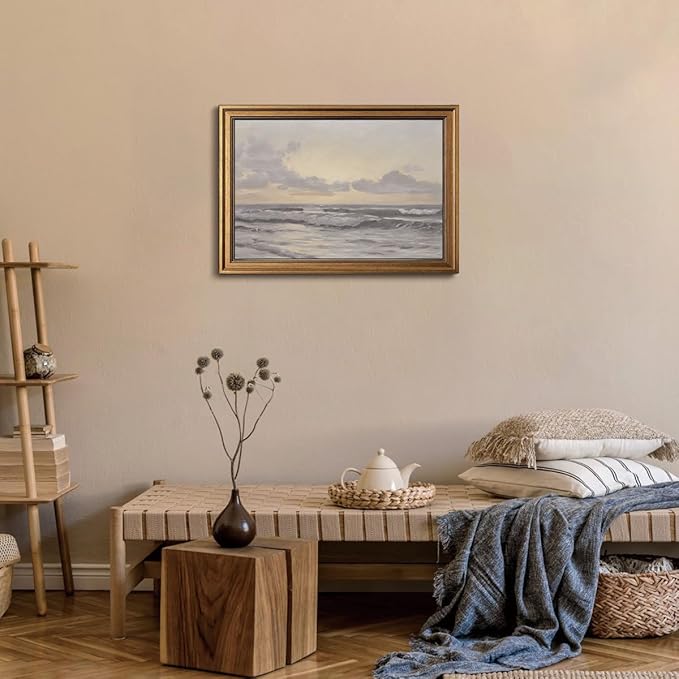 Gold Framed Wall Art Vintage Canvas Wall Art Aesthetic Coastal Landscape Sea Sky Artwork Prints Picture for Living Room Bedroom Farmhouse Bathroom Office Decor, 16x24