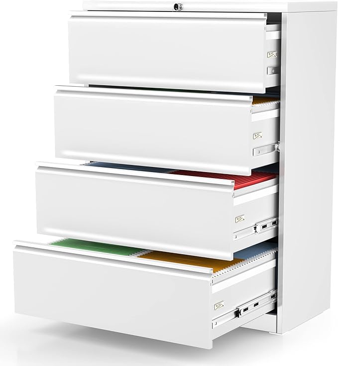 INTERGREAT 4 Drawer Lateral File Cabinet,White Lateral Filing Cabinet with Lock, 36" W Metal Steel Horizontal File Cabinets for Home Office, Easy Assembled