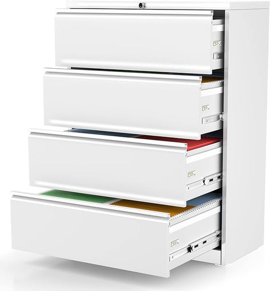 INTERGREAT 4 Drawer Lateral File Cabinet,White Lateral Filing Cabinet with Lock, 36" W Metal Steel Horizontal File Cabinets for Home Office, Easy Assembled