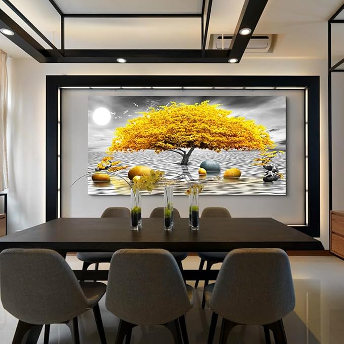 Wapluam Farmhouse Canvas Wall Art For Living Room & Office - Large Wall Decor - Black & White Wall Painting - Yellow Tree View - Framed Prints - 30"X60"