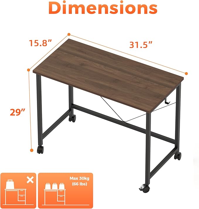 Mericonia 32 inch Rolling Computer Desk with Wheels, Gaming Desk for Small Spaces, Modern Simple Style Table for Home Office, Study Writing Table