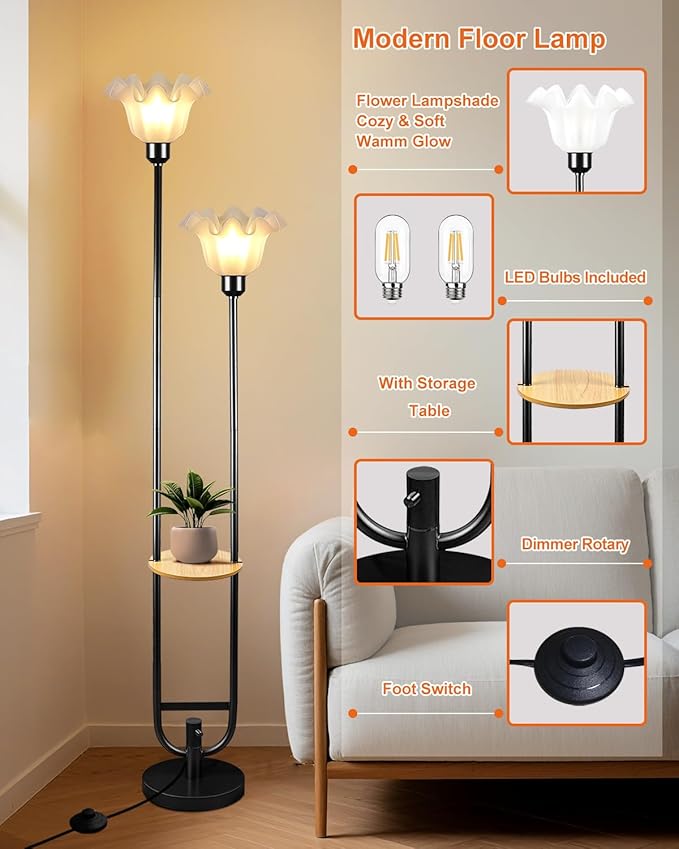 Dimmable Flower Floor Lamps with Table, 2-Lights Floral Floor Lamp, 3000K Warmwhite Candle Holder Style Modern Floor Lamp, Rustic Black Standing Lamp for Living Room Bedroom