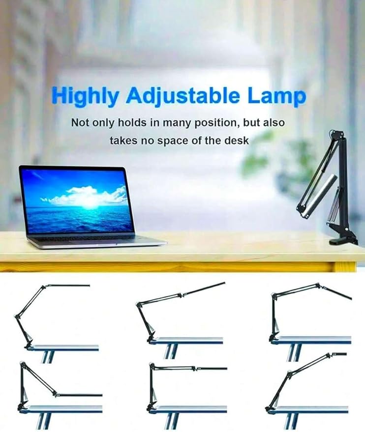 Dimmable LED Desk Lamp with Swing Arm and Clip, USB Powered Eye-Care Light with Memory Function, Adjustable for Office, Dorm, Studio, or Reading