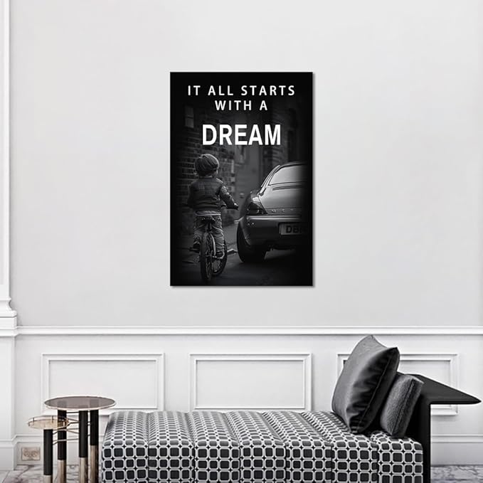 Motivational Office Quote Verb-It All Starts with A Dream Inspirational Office Wall Art Littile Boy and Car Wall Pictures HD Print Modern Home Decor Study Room Library Wall Hangings Framed-24 inch x