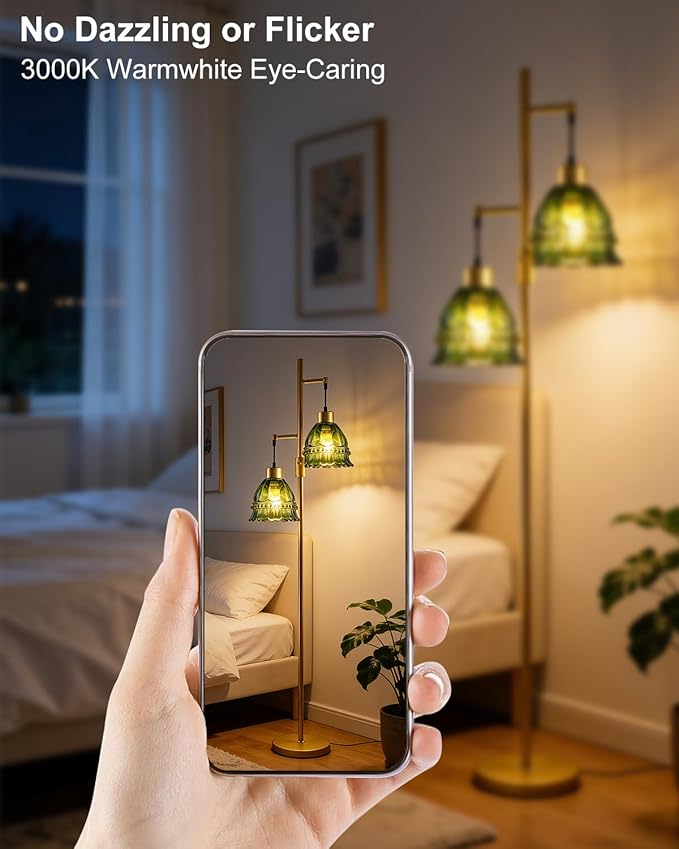 Gold Dimmable Floor Lamp for Living Room, 2-Light 65IN Tall Standing Lamps with Green Glass Lampshade, 3000K Warmwhite Mid Century Modern Floor Lamp for Bedroom/Home Office/Corner