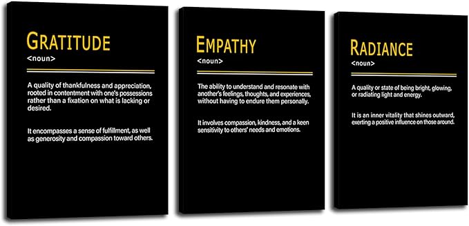 WYJDFART Motivational Wall Art A Positive Emotional Chain GRATITUDE EMPATHY RADIANCE Noun 3 Pieces Inspirational Quotes Posers for Office Home Bedroom Workplace Framed Ready to Hang [36''Wx 16''H]