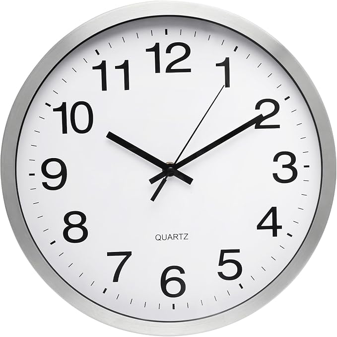 Wall Clock 12 Inch Silver Brushed Finish Silent Non Ticking Indoor Clock Round Battery Operated Stainless Steel Wall Clocks for Home, Office, Hotel, Bedroom, Living Room, Kitchen