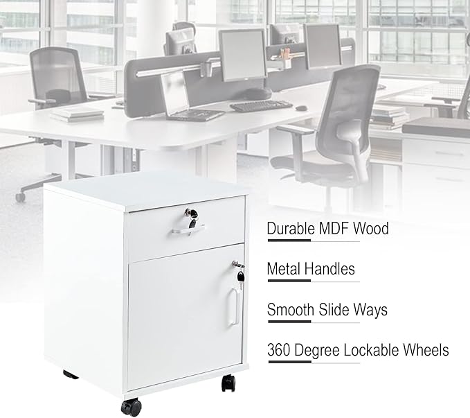 Mobile 2 Drawer File Cabinet with Lock, Wooden Under Desk Filing Cabinet with Wheels, Small Rolling Storage Cabinet for Home Office Organizer A4/Letter Size/Legal, White