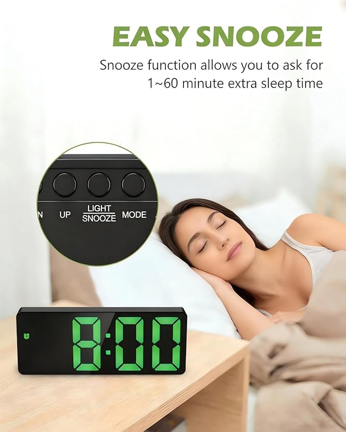 AMIR Digital Alarm Clock, Small Digital Clock with Large Display, 12/24H Format, Snooze Function, Battery & USB Powered, Dimmable Alarm Clocks for Bedrooms,Office,School