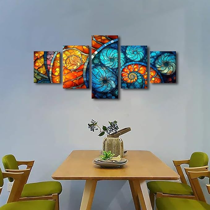 Canvas Wall Art for Home Modern Stained Glass Window Pattern Poster Abstract Artwork Picture Printing 5 Panel Red Blue Water Fire Colors Painting Art for Living Room Office Wall Decor 50x24 in