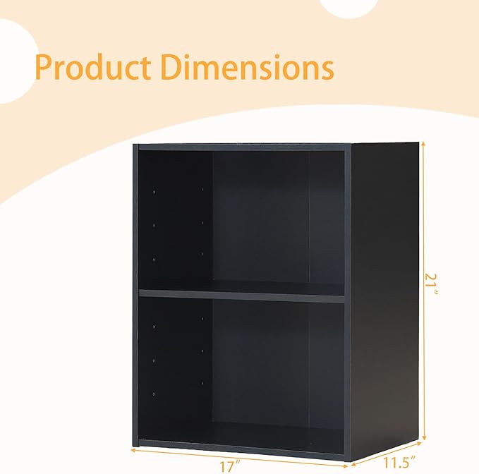 Tangkula 2-Tier Bookshelf, Open Shelf Bookcase with 7-Position Adjustable Shelf, Multifunctional Wooden Cubby Storage Display Shelf for Home Office Study Living Room (Black, 1)