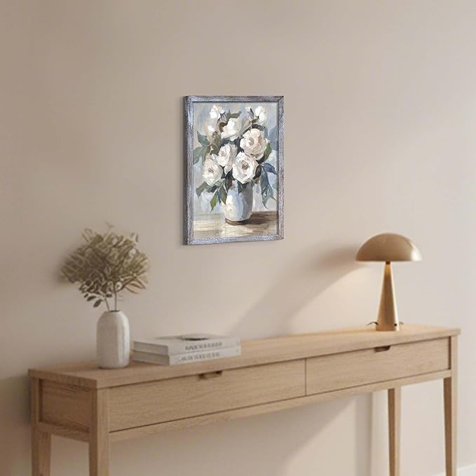 Floral Wall Art Painting - Realistic White Flower Canvas with Soft Blue Gray Tones for Bathroom and Bedroom Decor 11"x16"