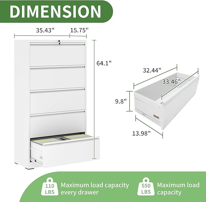 5 Drawer File Cabinet,Metal Lateral Filing Cabinet with Lock,Home Office Storage Organizer Cabinet for Legal/Letter/A4/F4 Size Files,35.5" W,White