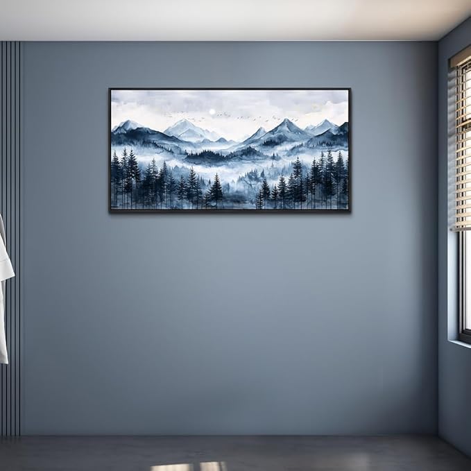 ERQINHUA Black Framed Canvas Wall Art For Bedroom Large Wall Decor For Living Room Modern Office Home Decorations Printed Misty and Fog Forest Painting Mountain Landscape Wall Aesthetics 24x48 In