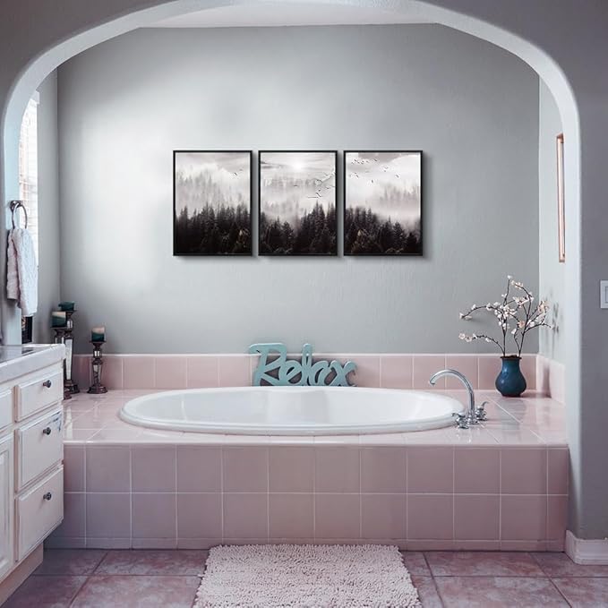Black Framed Canvas Wall Art - Boho Wall Decor for Living Room & Bedroom - Foggy Forest Trees Scenery - 3 Pieces