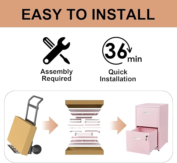 Pink Under Desk File Cabinet, 2 Drawer Locking Cabinet for Home Office, Letter Size - Assembly Required