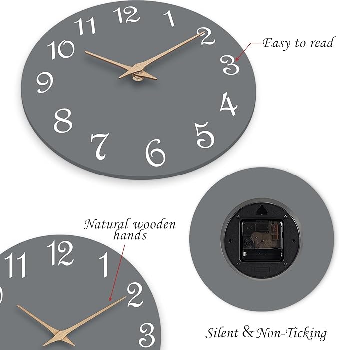Mosewa Wall Clock Gray Battery Operated Silent Non Ticking Simple Modern Wood Clock Decorative for Bedroom Living Room Home (8.2 Inch)