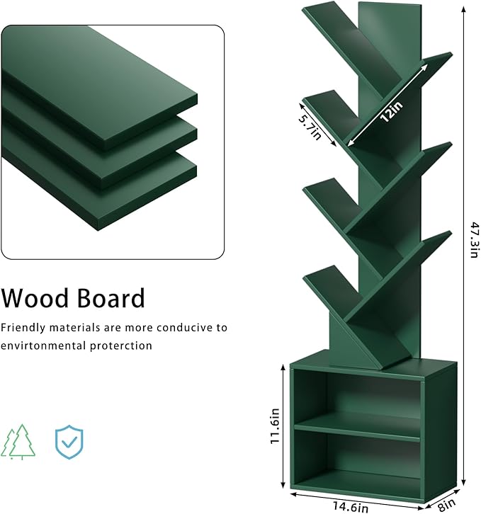 10 Tier Tree Bookshelf,Christmas Green Bookcase for Narrow Space, Storage Organizer Floor Standing Bookshelves for Books, Tall Book Case for Home Office, Living Room, Bedroom