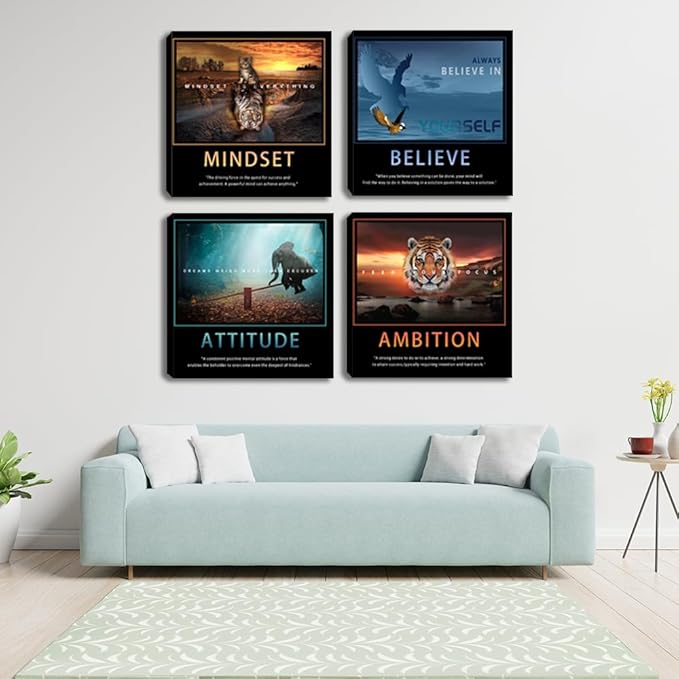 Motivational Posters Wall Art Inspirational Canvas Prints Inspiring Quotes Animals Painting Picture Office Motivational Wall Decor Framed 4 Pieces Living Room Bedroom Workplace Decoration 20"x20"x4