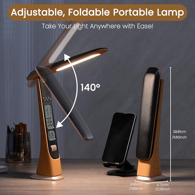 Rechargeable Cordless LED Desk lamp, dimmable Table lamp with Battery,Digital Clock,LCD,Date,Stepless Brightness Foldable Portable Lights for Home,Reading,Office (Brown)