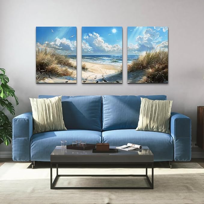 TTHYUEWS Canvas Wall Art For Bedroom & Living Room Modern Decorations Blue Ocean Beach Wall Paintings Sea Wave Wall Pictures Artwork for Office Ready To Hang Home Decor 3 Piece