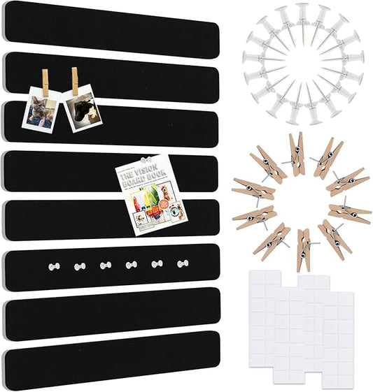 Vuzvuv 8 pcs Bulletin Board Bar Strips No Adhesive Backing with Glue Points ，Self Adhesive Cork Board for Wall，Felt Pin Board for School，Office Decor(Black)