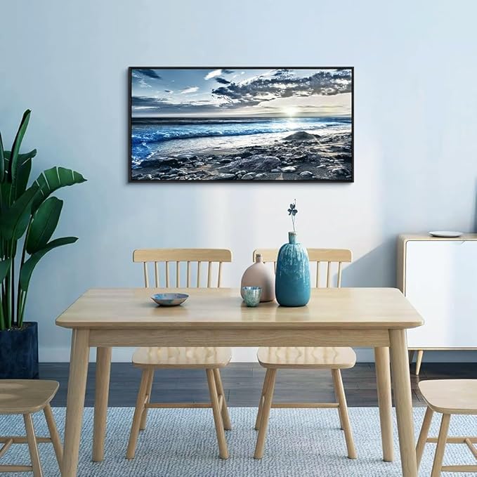 Black Framed Wall Art For Living Room Large Size Wall Decor For Bedroom Modern Office Decor Blue Beach Sun Ocean Landscape Wall Painting Prints Artwork Seascape Framed Hang Pictures Home Decoration