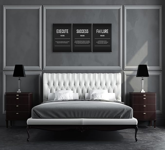 Inspirational Office Wall Decor 3 Piece Motivational Wall Art Execute Verb Wall Painting Picture Quote Success Failure Noun Posters Prints Black Canvas Artwork School Home Framed [48" W X 24" H]
