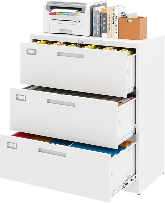 Metal 3 Drawer Lateral File Cabinet with Lock, Wide&Deep Filing Cabinet for Letter/Legal/F4/A4 Hanging Files, Includes Business Card Holder, Home Office School Storage
