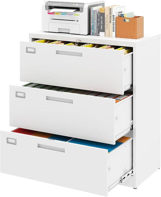 Metal 3 Drawer Lateral File Cabinet with Lock, Wide&Deep Filing Cabinet for Letter/Legal/F4/A4 Hanging Files, Includes Business Card Holder, Home Office School Storage