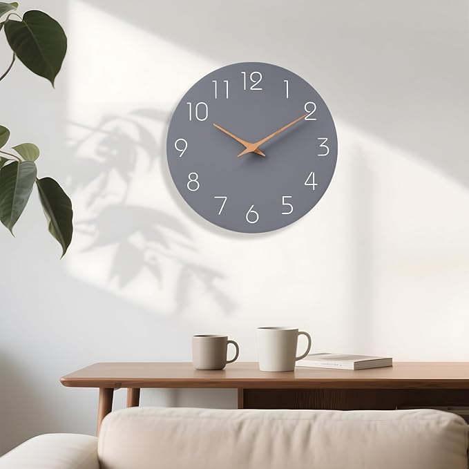 Mosewa Wall Clock Silent Non Ticking Decorative for Kitchen Bedroom Bathroom Office Living Room Battery Operated 10 Inch Gray Modern