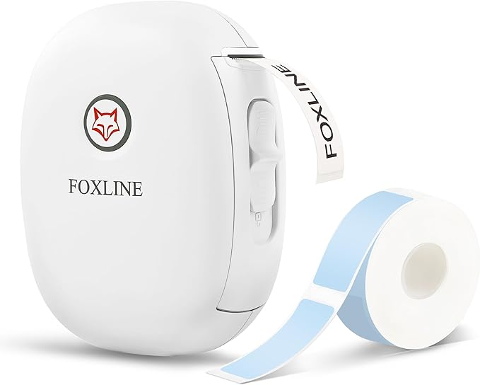 FOXLINE F10 Label Maker Machine with Blue Tape, Portable Bluetooth Thermal Mini Label Printer, Rechargeable Sticker Maker, Inkless Labeler for Home, School, Kitchen, Office Organization, White