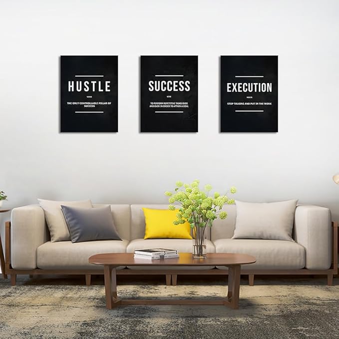 Unbruvo Hustle Success Execution Wall Art for Office, Inspirational Motivational Wall Decor, 3 Pieces Positive Quotes Canvas Wall Art for Entrepreneur Living Room Bedroom(48''Wx 24''H)