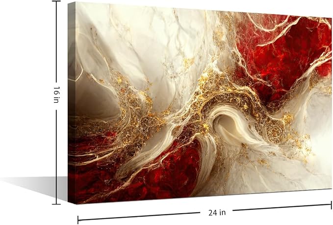 Wall Art for Living Room Abstract Backdrop Canvas Poster 1 Panel Wall Decor Red and Gold Colors Marble Art Picture Prints on Canvas for Men Bedroom Wall Decoration Framed Ready to Hang 24x16 in