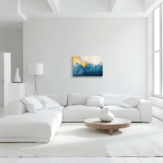 gaosoul Modern Canvas Wall Art Blue Gold Leaf Abstract Painting Prints Minimalism White and Light Blue Tranquility Poster for Living Room Bedroom Office Decor Framed 24x16in