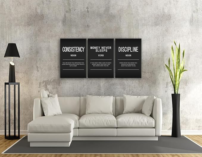 Money Never Sleeps Verb Inspirational Painting Wall Art 3 Pieces Canvas Print Office Wall Decor Discipline Consistency Noun Poster Framed Motivational Quotes for Wall Art Home Gym Decor[72" W X 36" H]