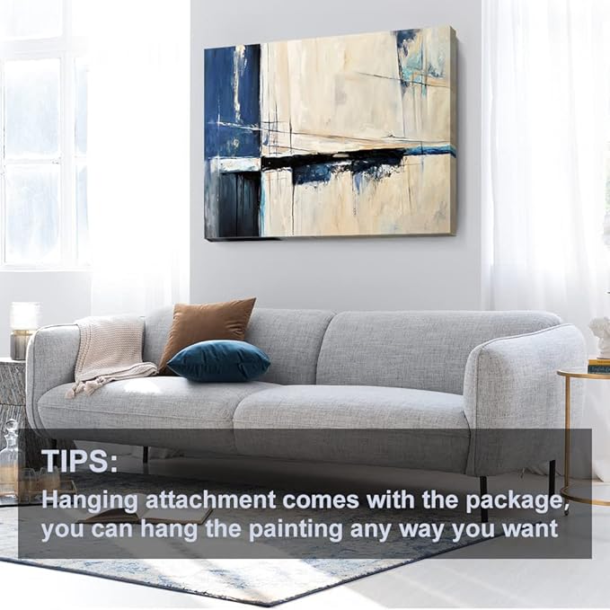 Large Abstract Canvas Wall Art Modern Geometric Art Paintings Blue Blocks and Lines Painted on Cream Background Elegantly Framed Artwork Pictures for Living Room Bedroom Wall Decor 48x32in