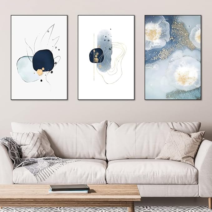 3 Framed Abstract Canvas Wall Art, Artwork in Blue, White and Grey, Simple and Elegant for Living Room Bedroom Office Decor